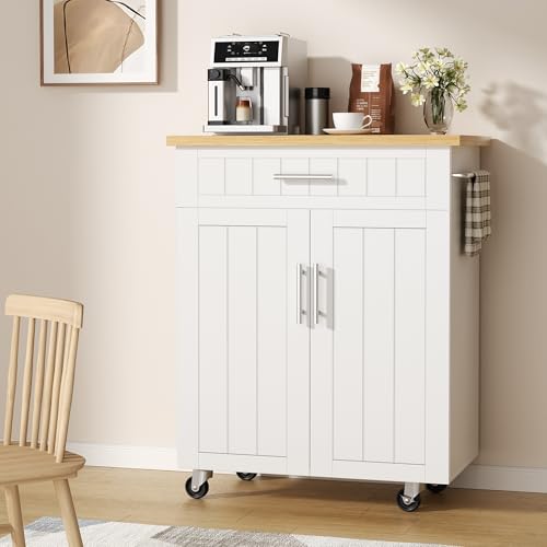 Shintenchi Kitchen Island Cart with Storage,Rolling Side Table on Wheels with Large Worktop, Cabinet,Towel Rack and Drawers for Kitchen,Dinning Room, White - Image 76