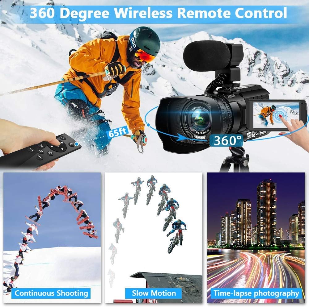 Video Camera 4K HD Auto Focus Camcorder 48MP 60FPS 30X Digital Zoom Camera for YouTube LED Function 4500mAh Battery with Handheld Stabilizer, Remote Control,Microphone and 64G SD Card - Image 7