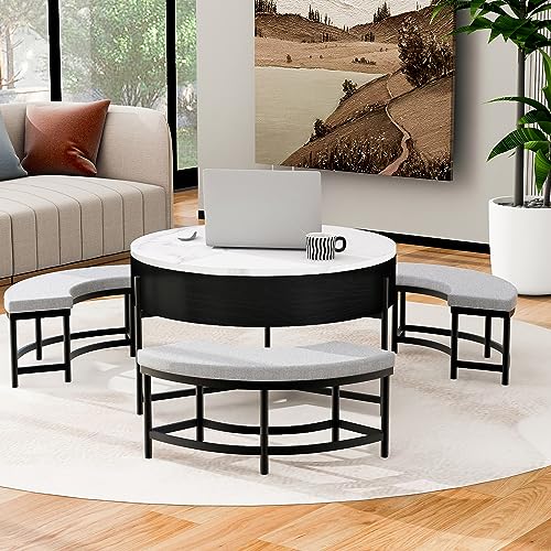 Linique Modern Round Lift-Top Coffee Table with Storage and 3 Ottoman, White + Black - Image 12