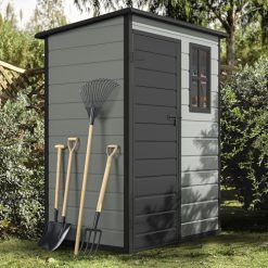 Alternative view of DWVO 5x3ft Resin Outdoor Storage Shed with Floor, Waterproof Lockable Storage Shed with Window, Plastic Outside Tool Storage for Garden, Backyard, Patio, Lawn, Gray