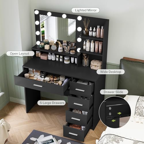 Makeup Vanity Desk with Mirror, 10 Lights, 5 Drawers, 3 Storage Shelves, 3 Color Modes & Adjustable Brightness Dressing Table, 35.4?? Desk, Black - Image 31