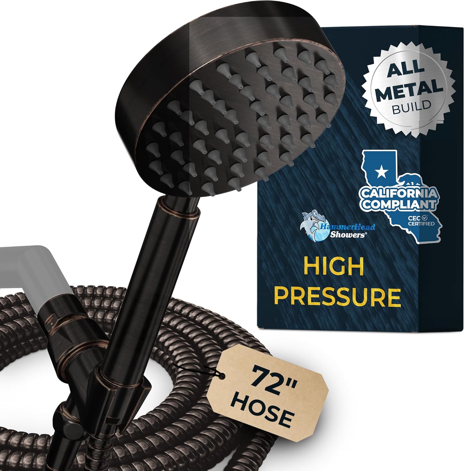 HammerHead Showers? Solid Metal LOW FLOW Handheld Shower Head with Hose and Brass Holder – OIL RUBBED BRONZE ?C Water Saving 1.75 GPM Detachable Shower Head – Adjustable Shower Wand Bracket & 6ft Hose