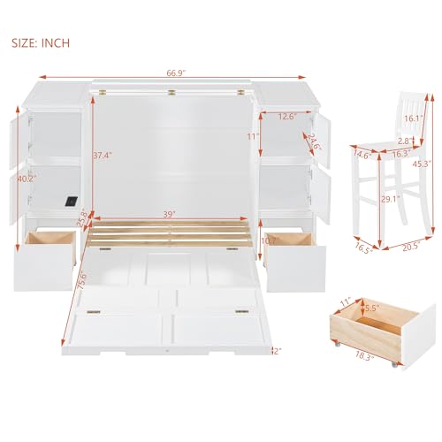 Twin Size Murphy Beds with Charging Station and Storage Drawers, Wood Cabinet Bed Frame, Wall Bed with Outlet & USB Ports for Home Office Studio, White - Image 10