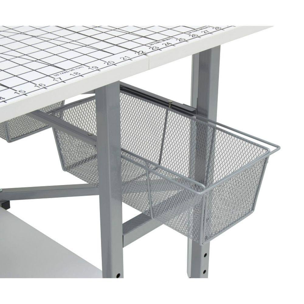 Sew Ready Mobile Folding Height Adjustable Quilting Fabric Cutting Table with Sewing Board Grid and Storage in Silver/White Top - Image 7