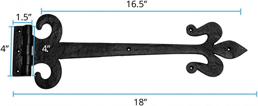 Renovators Supply Manufacturing Black Wrought Iron Door Strap Hinge 18 Long Antique Fleur De Lis Style Rust Resistant Flush Mount Door Hinges for Cabinet Or Barn Doors with Hardware Pack of 2 - Image 3