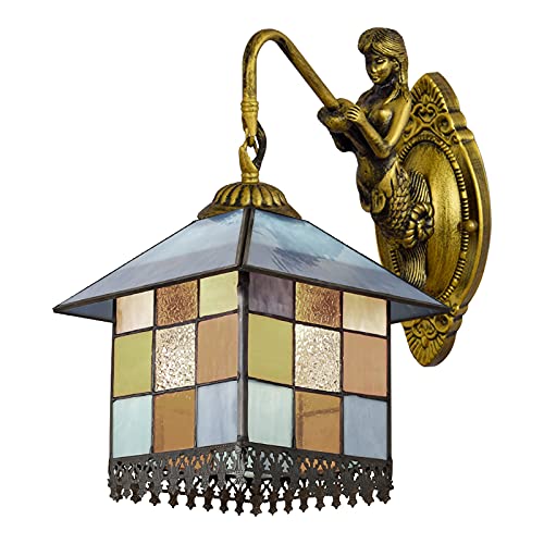 LITFAD Tiffany Style Stained Glass Wall Sconce Lighting, Mediterranean Aqua Petal Shape LED Wall Lamp Flower 1 Light Tiffany Antique Brass Wall Mount Lamp for Bedroom Villa Restaurant, Blue - Image 2