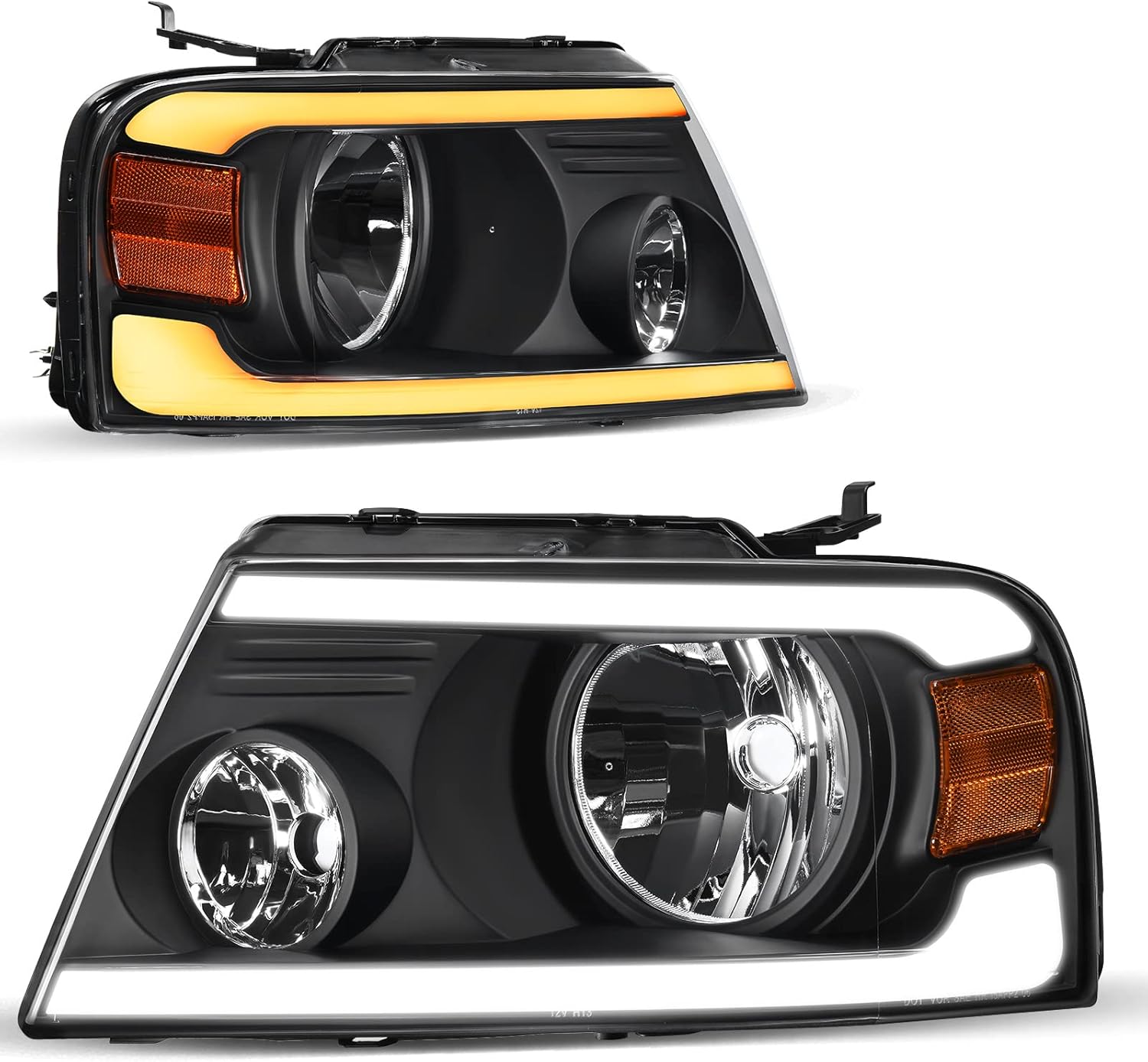 AUTOSAVER88 Switchback LED Tube Headlights Assembly Compatible with 2004 2005 2006 2007 2008 Ford F150 F-150 DRL Headlamp Replacement Pair with Amber Reflector