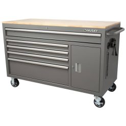 Husky 56 in. W 5-Drawer 1-Door, Deep Tool Chest Mobile Workbench in Gloss Gray with Hardwood Top