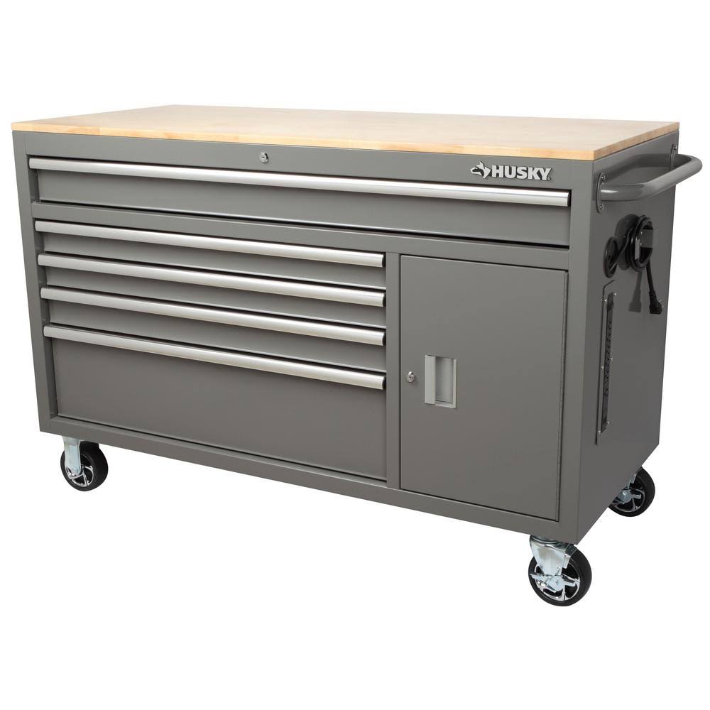 Husky 56 in. W 5-Drawer 1-Door, Deep Tool Chest Mobile Workbench in Gloss Gray with Hardwood Top