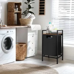 Alternative view of Black Laundry Hamper Basket with Removable Bag and Brown Wood Shelf