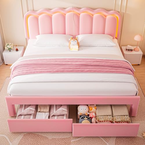 Twin Upholstered LED Bed Frame with Storage Drawer and Adjustable Chic Double Wavy Headboard, Velvet Princess Platform Bed for Kids/Girls, Solid Wood Slats Support, No Box Spring Needed, Beige - Image 34