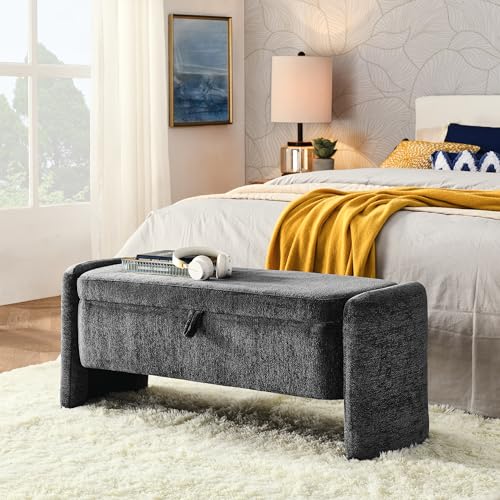 mikibama Teddy Bedroom Storage Benches End of Bed 38.9 Faux Fur Ottoman Bench with Storage Sherpa Pattern Fabric Window Entryway Bench Ottomans with Golden Metal Legs - Image 4