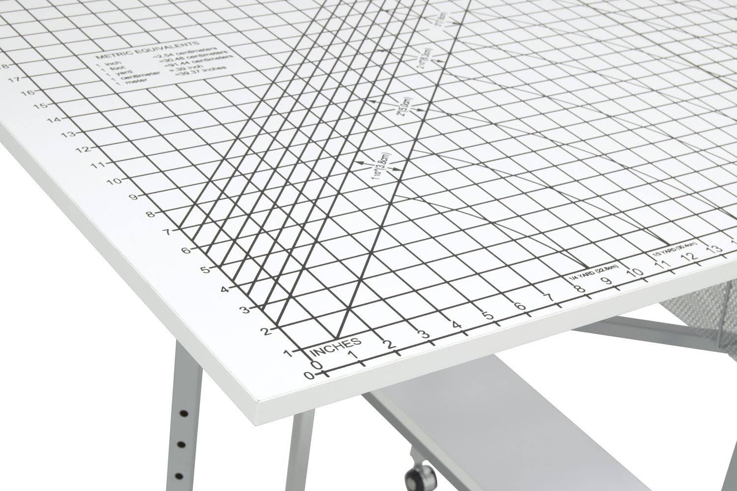 Sew Ready Mobile Folding Height Adjustable Quilting Fabric Cutting Table with Sewing Board Grid and Storage in Silver/White Top - Image 10