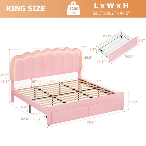 Twin Upholstered LED Bed Frame with Storage Drawer and Adjustable Chic Double Wavy Headboard, Velvet Princess Platform Bed for Kids/Girls, Solid Wood Slats Support, No Box Spring Needed, Beige - Image 33