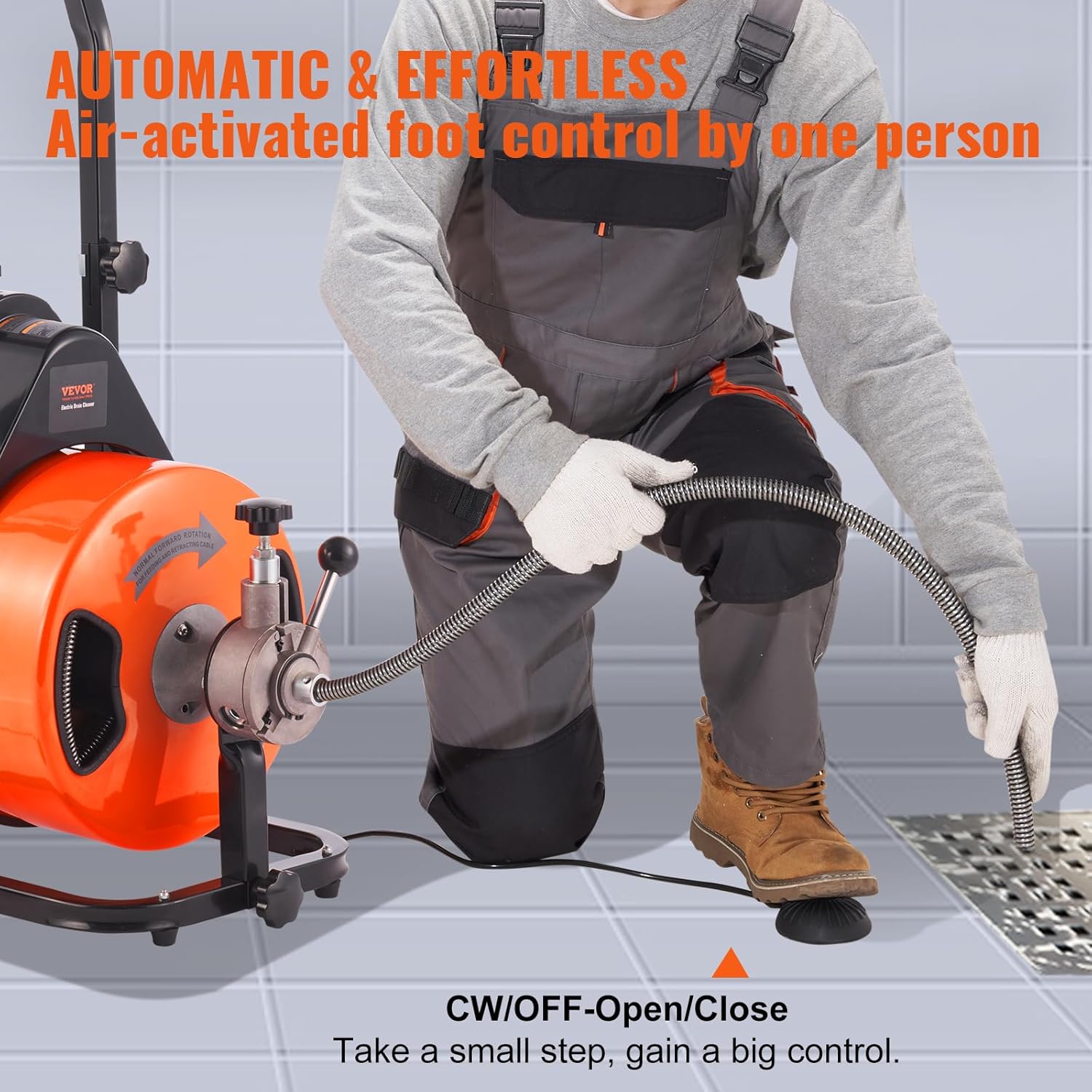 Drain Cleaner Machine 100FT x 1/2Inch, Auto Feed Sewer Snake Auger with 4 Cutter & Air-activated Foot Switch for 1 to 4 Pipes, Orange, Black - Image 4