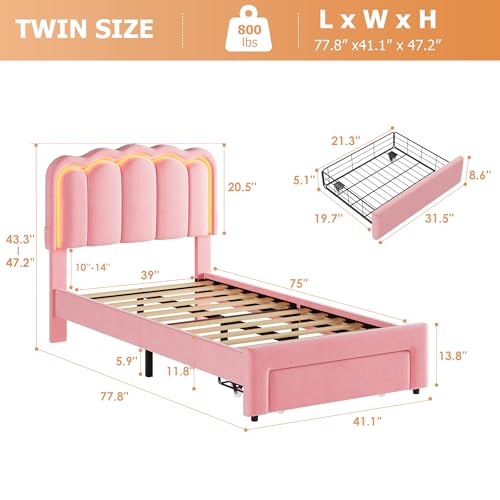Twin Upholstered LED Bed Frame with Storage Drawer and Adjustable Chic Double Wavy Headboard, Velvet Princess Platform Bed for Kids/Girls, Solid Wood Slats Support, No Box Spring Needed, Beige - Image 86