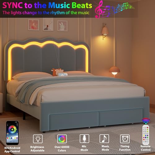Twin Upholstered LED Bed Frame with Storage Drawer and Adjustable Chic Double Wavy Headboard, Velvet Princess Platform Bed for Kids/Girls, Solid Wood Slats Support, No Box Spring Needed, Beige - Image 43