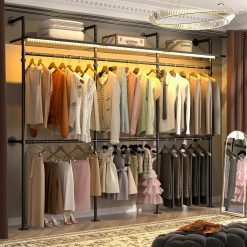 Alternative view of Aheaplus Industrial Pipe Clothing Rack, Reversible 79.7” Clothes Rack for Hanging Clothes, Heavy Duty Garment Racks Closet Wardrobe with LED Lights& Shelves, Walk-in Closet System, Black