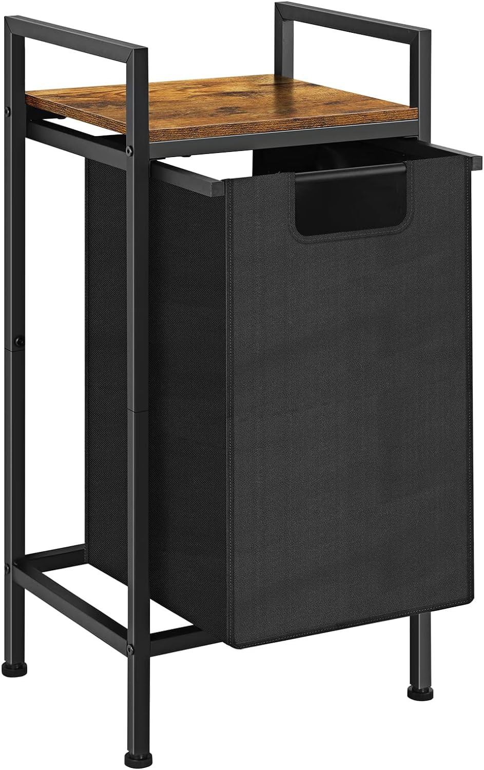 Black Laundry Hamper Basket with Removable Bag and Brown Wood Shelf