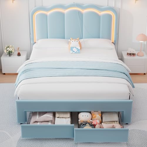 Twin Upholstered LED Bed Frame with Storage Drawer and Adjustable Chic Double Wavy Headboard, Velvet Princess Platform Bed for Kids/Girls, Solid Wood Slats Support, No Box Spring Needed, Beige - Image 41