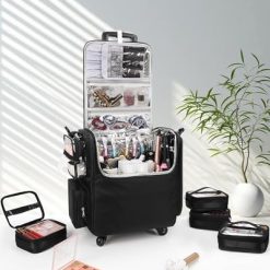 Alternative view of Relavel Rolling Makeup Train Case, Hairstylist Traveling Bag with 4 Wheels, Heat Insulation Full Layer, Adjustable Dividers, Hair Tools and Cosmetics Storage Organizer Trolley Suitcase Makeup Cart