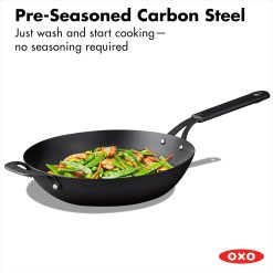 Alternative view of OXO Obsidian Pre-Seasoned Carbon Steel, 12 Wok Pan with Removable Silicone Handle Holder, Induction, Oven Safe, Black