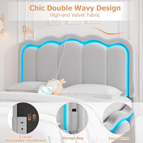 Twin Upholstered LED Bed Frame with Storage Drawer and Adjustable Chic Double Wavy Headboard, Velvet Princess Platform Bed for Kids/Girls, Solid Wood Slats Support, No Box Spring Needed, Beige - Image 22