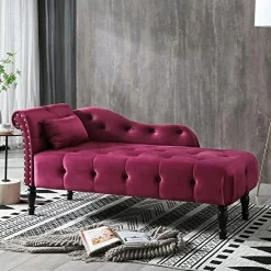 TJUNBOLIFE Velvet Chaise Lounge Indoor 60u201D Tufted Upholstered Lounge Chair with Pillow & Rolled Arm Nailhead Trim for Bedroom Living Room Office Grey