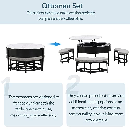 Linique Modern Round Lift-Top Coffee Table with Storage and 3 Ottoman, White + Black - Image 16