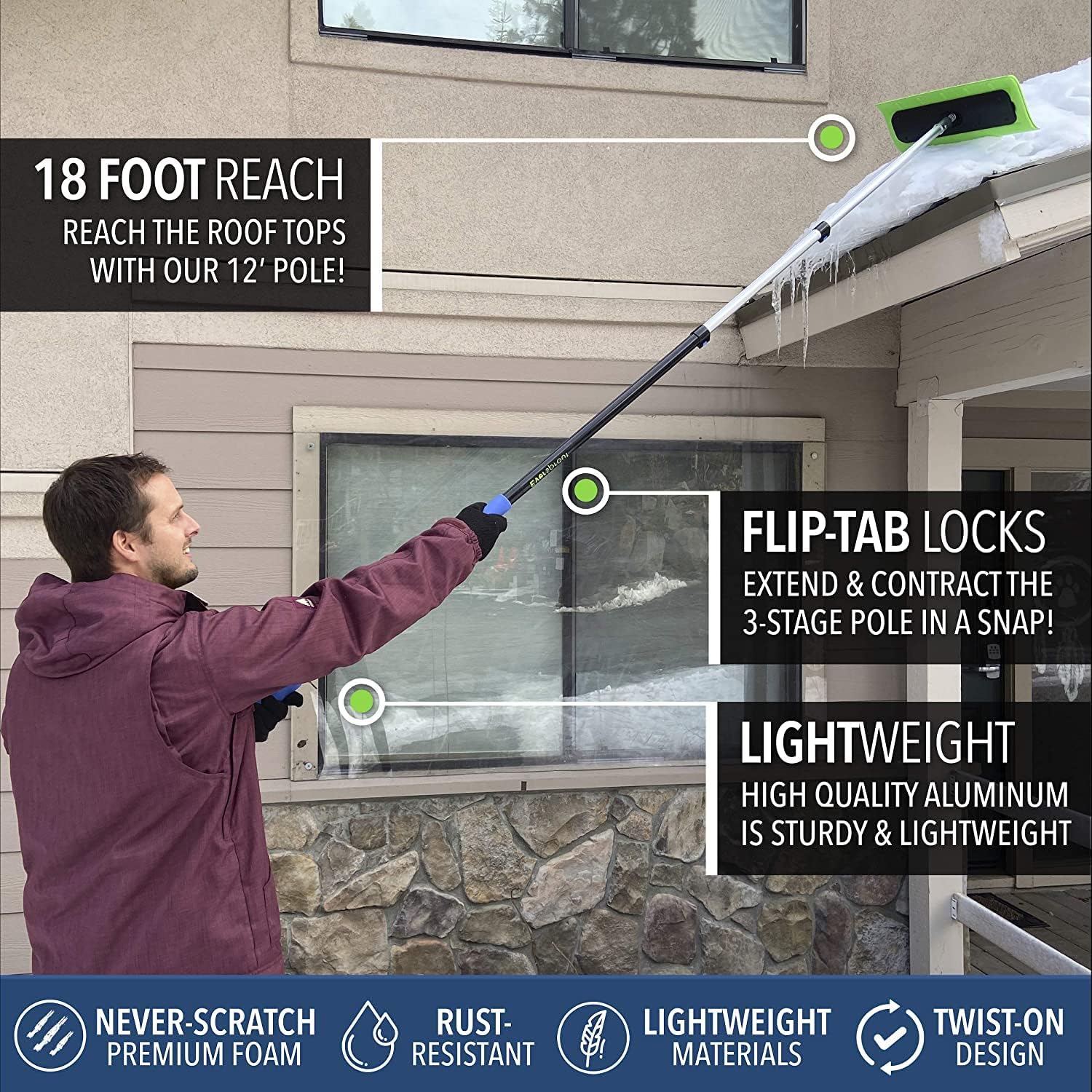 EVERSPROUT Never-Scratch SnowBuster 7-to-24 Foot (Up to 30 Ft Standing Reach) | Pre-Assembled Extendable Roof Rake for Snow Removal | Heavy-Duty Aluminum, Soft Foam Pad | Exclusive Push/Pull Design - Image 14