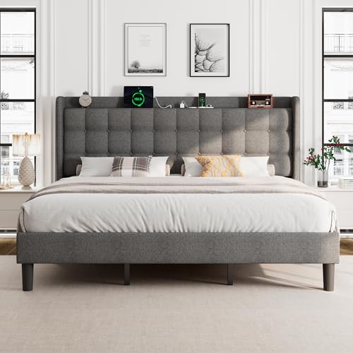 Queen Bed Frame, Upholstered Platform Bed with Charging Station, Modern Wingback Storage Headboard, Solid Wood Slats Support, No Box Spring Needed, Dark Gray - Image 11