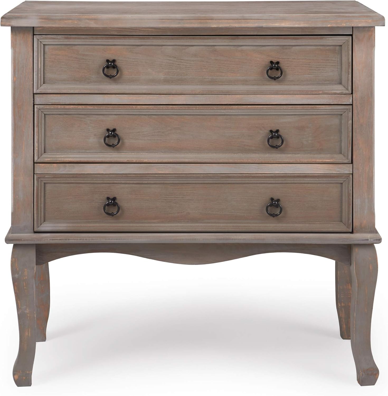 ClickDecor Thomas Antique Country Style Dresser Chest with 3 Drawers, Weathered Wood Nightstand Living Room Accent Furniture, Black Ring Handle, Curved Legs, Gray - Image 9