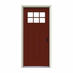 JELD-WEN 32 in. x 80 in. 6 Lite Craftsman Mesa Red w/White Interior Steel Prehung Left-Hand Inswing Front Door w/Brickmould, Mes