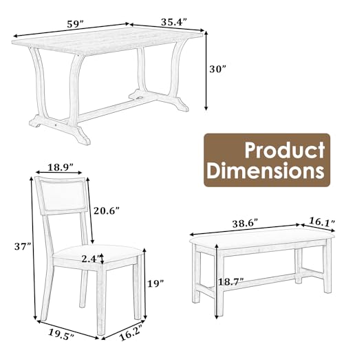 Wood Dining Table Set for 6 with 4 Upholstered Chair & 1 Bench, Mid-Century Modern Dining Room Table Set with Chairs Dinner Table Set for Dining Room, Kitchen, Natural - Image 3