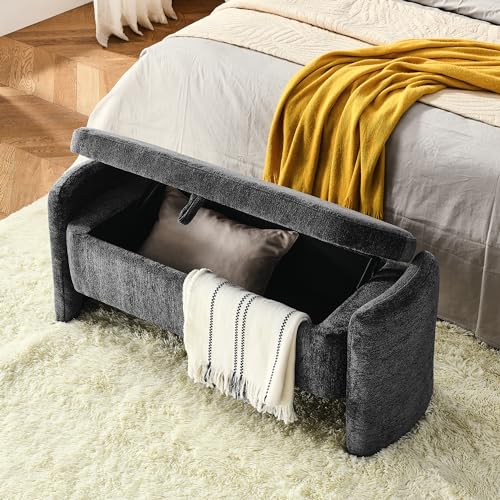 mikibama Teddy Bedroom Storage Benches End of Bed 38.9 Faux Fur Ottoman Bench with Storage Sherpa Pattern Fabric Window Entryway Bench Ottomans with Golden Metal Legs - Image 5