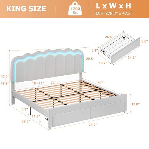 Twin Upholstered LED Bed Frame with Storage Drawer and Adjustable Chic Double Wavy Headboard, Velvet Princess Platform Bed for Kids/Girls, Solid Wood Slats Support, No Box Spring Needed, Beige - Image 55