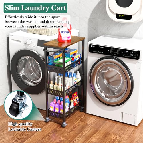 Utility Slim Storage Cart, 4 Tier Small Rolling Kitchen Laundry Room Cart with Wood Top, Metal Narrow Bathroom Storage Cabinet Mobile Shelf Unit Organizer Trolley with Handle for Narrow Space - Image 13
