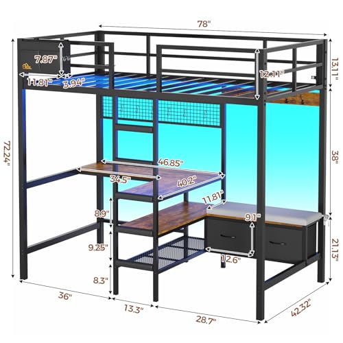 DICTAC Twin Loft Bed with L-Shaped Desk,Storage Shelves and Charging Station Metal Loft Bed Twin Size with LED Lights,Coat Rack with Drawers and Stair,Top Bunk with Safety Guardrail for Teen,Black - Image 2