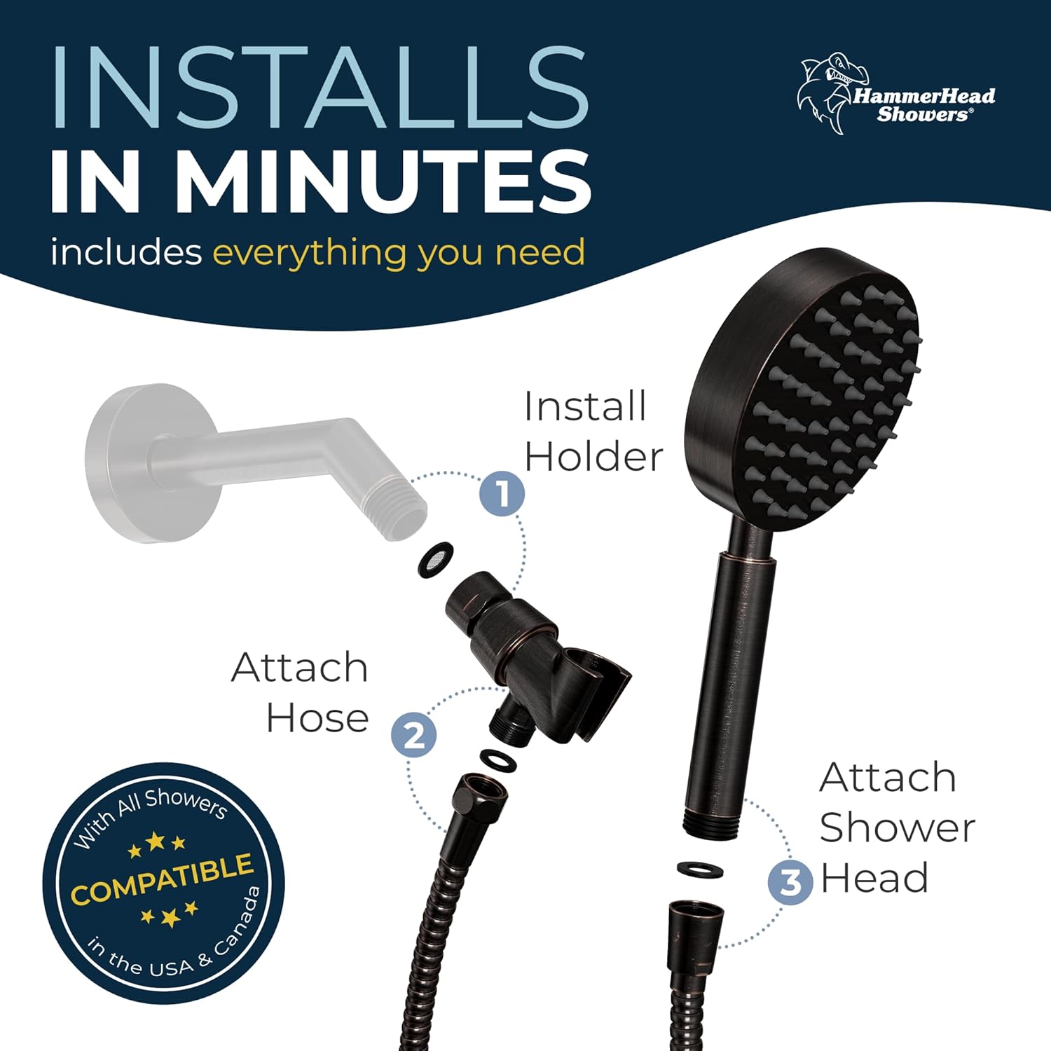 HammerHead Showers? Solid Metal LOW FLOW Handheld Shower Head with Hose and Brass Holder – OIL RUBBED BRONZE ?C Water Saving 1.75 GPM Detachable Shower Head – Adjustable Shower Wand Bracket & 6ft Hose - Image 27