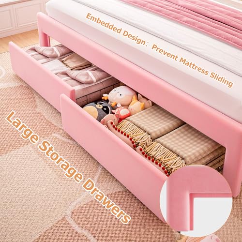 Twin Upholstered LED Bed Frame with Storage Drawer and Adjustable Chic Double Wavy Headboard, Velvet Princess Platform Bed for Kids/Girls, Solid Wood Slats Support, No Box Spring Needed, Beige - Image 35