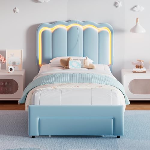 Twin Upholstered LED Bed Frame with Storage Drawer and Adjustable Chic Double Wavy Headboard, Velvet Princess Platform Bed for Kids/Girls, Solid Wood Slats Support, No Box Spring Needed, Beige - Image 53