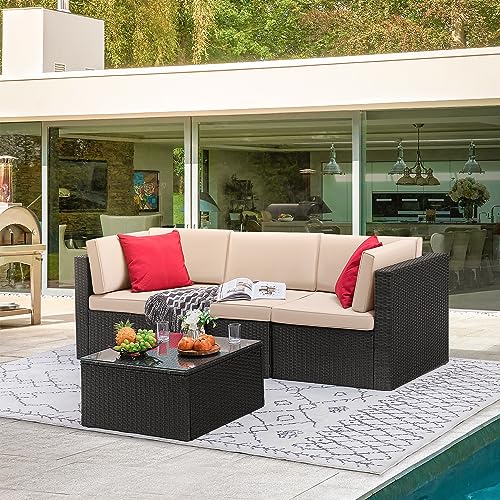 Devoko Patio Furniture Sets 6 Pieces Outdoor Sectional Rattan Sofa Manual Weaving Wicker Patio Conversation Set with Glass Table and Cushion (Beige) - Image 9