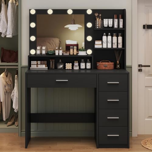 Makeup Vanity Desk with Mirror, 10 Lights, 5 Drawers, 3 Storage Shelves, 3 Color Modes & Adjustable Brightness Dressing Table, 35.4?? Desk, Black - Image 34