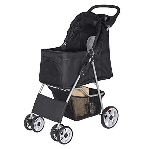 BBBuy 4 Wheels Foldable Pet Dog Cat Jogger Stroller Travel Carrier Strolling Cart w/Waterproof Cover Storage Basket Cup Holder & Removable Liner for Medium Small Cat Dog, Black - Image 7