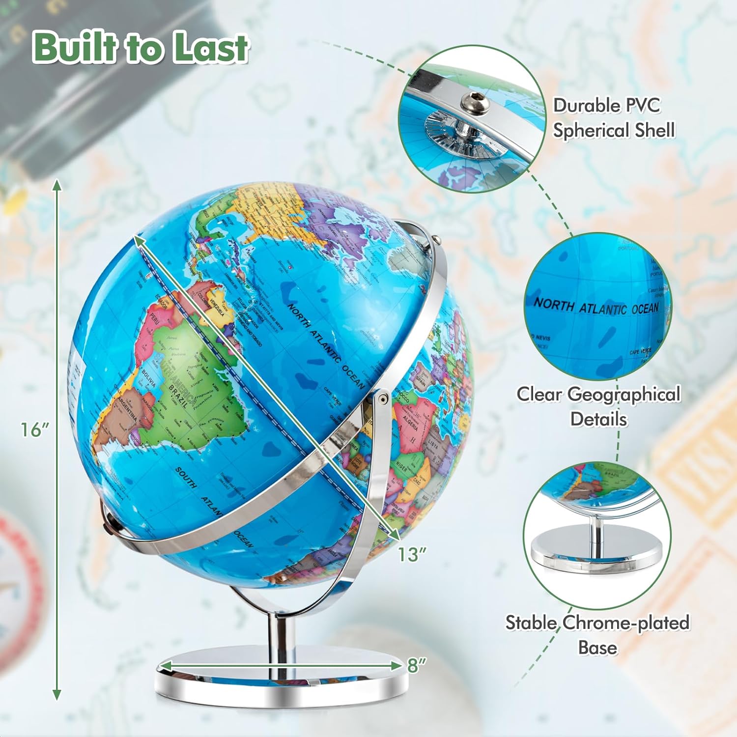 COSTWAY Illuminated World Globe, 13?? Desktop Geographic Globe w/LED Light & Easy-to-Read Clear Map for Students, 720?? Rotation Decorative Globe, Educational Interactive Globe for School, Classroom - Image 6