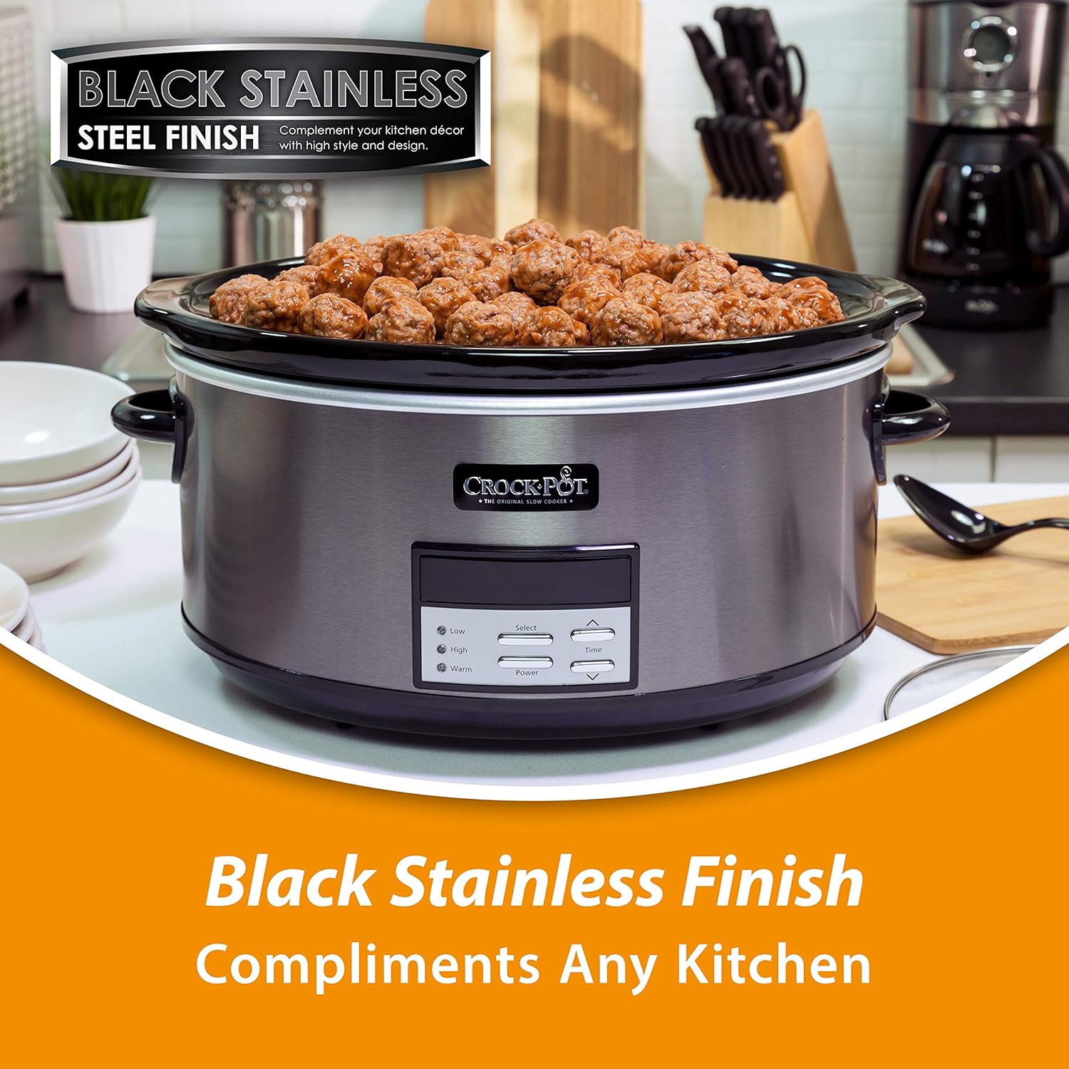 Crock-Pot Large 8-Quart Programmable Slow Cooker with Auto Warm Setting Black Stainless Steel - Image 6