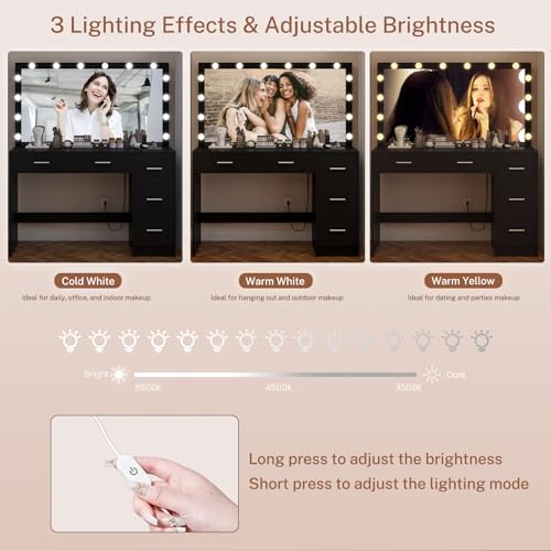 Makeup Vanity Desk with Mirror, 10 Lights, 5 Drawers, 3 Storage Shelves, 3 Color Modes & Adjustable Brightness Dressing Table, 35.4?? Desk, Black - Image 21