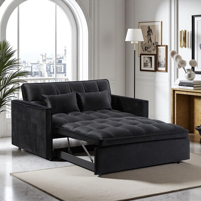 3 in 1 Sleeper Sofa Bed, Futon Sofa Bed for Living Room with Side Pocket, Black Sleepers Sofa Couch with Pullout Bed, Convertible Love Seat Sleepers Bed for Living Room, Bedroom, Small Space - Image 61