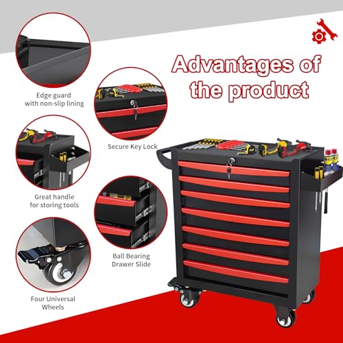 Rolling Tool Chest, Metal Tool Box with 5 Drawers, Lockable Garage Storage Cabinets Sliding Tool Drawer Cart on Wheels Toolbox Organization Workbench for Workshop Warehouse Repair Shop - Image 8