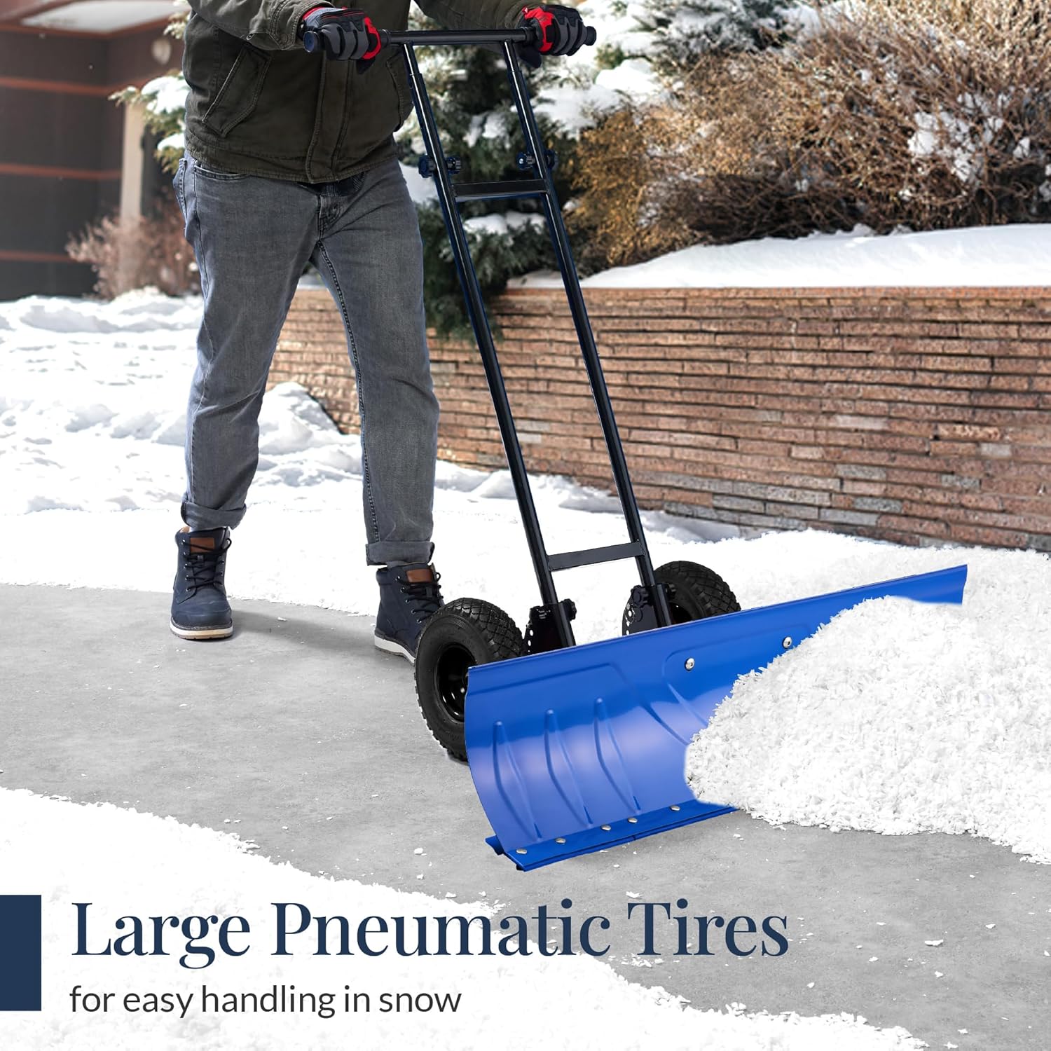 Best Choice Products 36in Galvanized Blade Heavy-Duty 2-Wheel Snow Pusher Hand Plow for Snow Removal w/Wheels, Adjustable Handle, Blade Angle – Black - Image 6